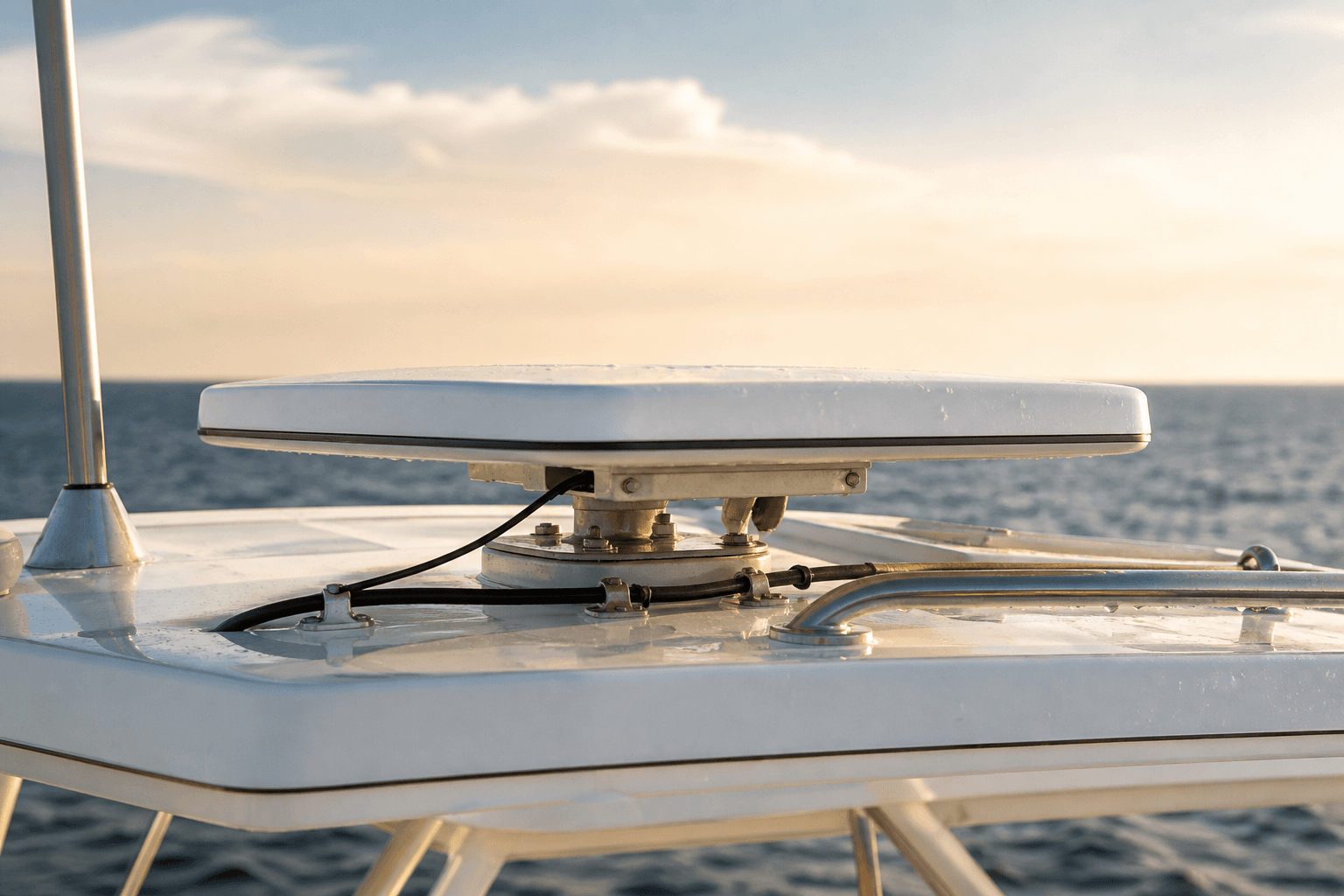 A compact satellite antenna on a boat hardtop, aimed at open water.