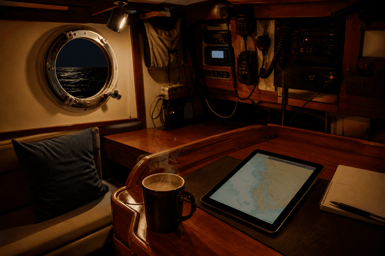 A nav table at night with a chart on a tablet. The boat is still online.